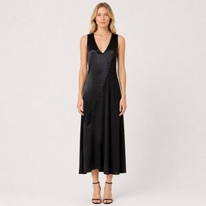 Go Silk Washable Silk Dress Womens XS Black Matte Satin Mixed Panel Midi V Neck
